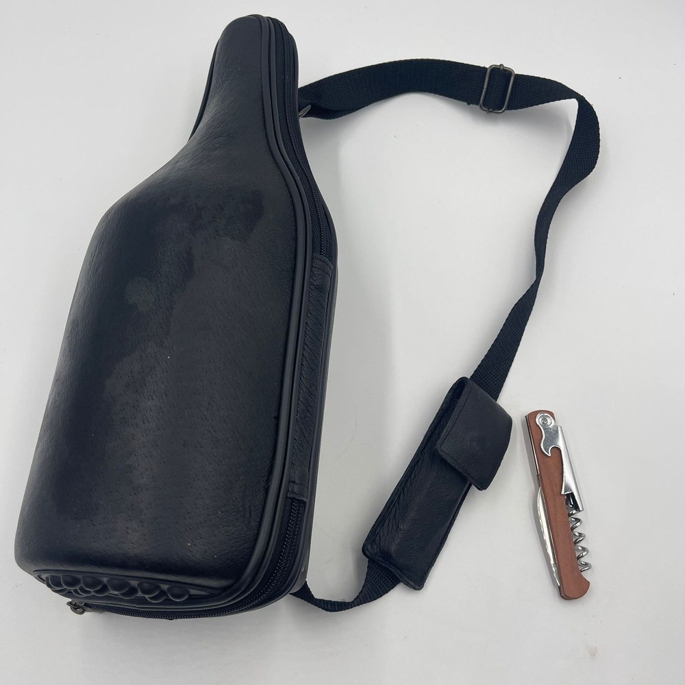 CaddyO Black Leather Wine Bottle Carrier Bag Case Sling Strap Corkscrew‎ Holder